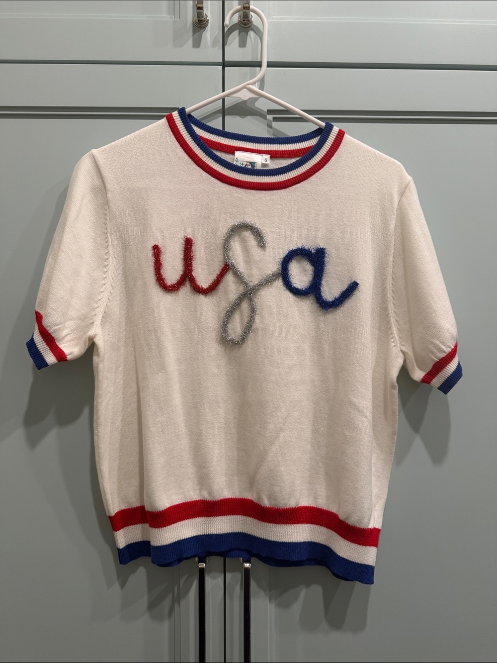 QUEEN OF SPARKLES Cream Short-Sleeve USA Sweater Top with Red & Blue Trim